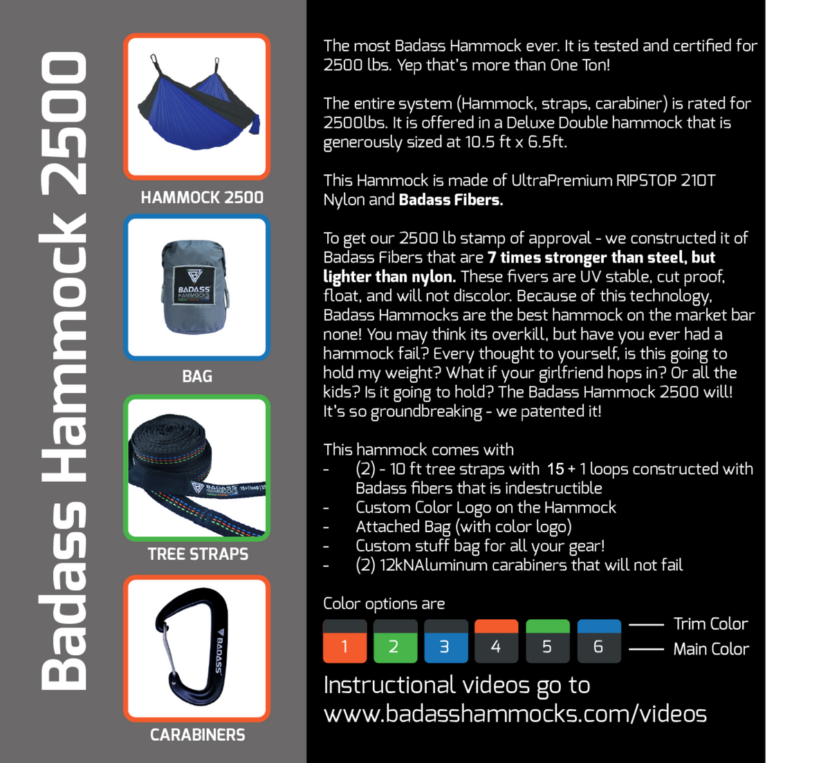 Badass Hammock 2500 insert card: specs, what's included, and 6 color options