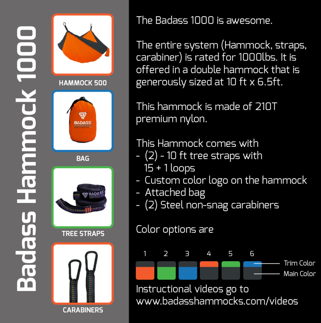 Badass Hammock 1000 insert card: specs, what's included, and 6 color options