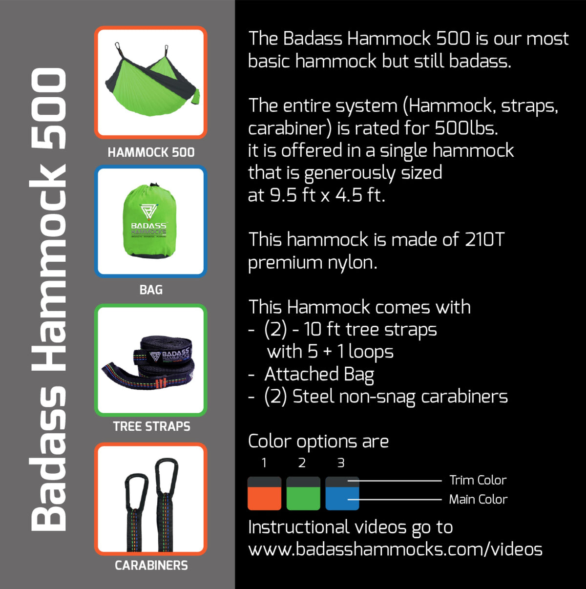 Badass Hammock 500 insert card: specs, what's included, and color options