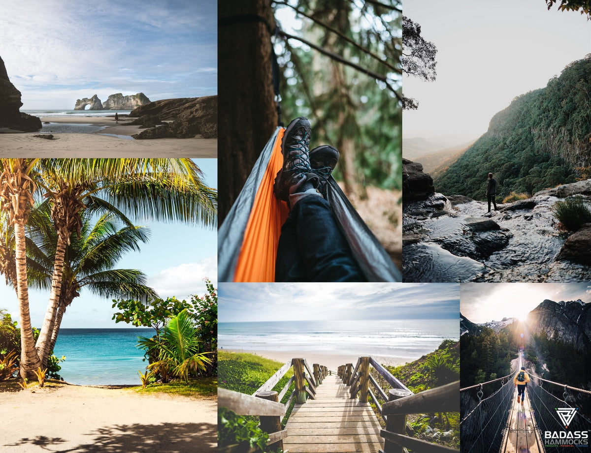 Outdoor adventure collage with Badass Hammocks logo